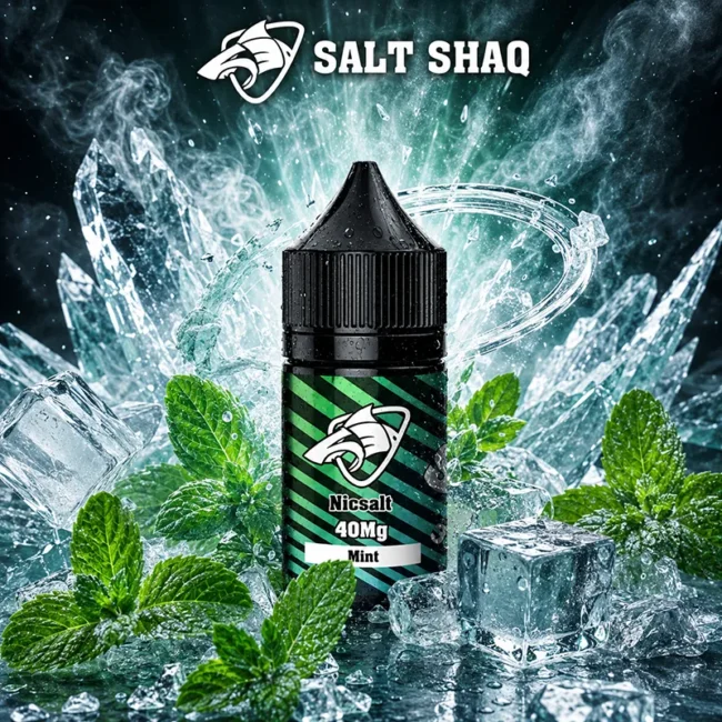 SALT SHAQ 鯊克薄荷煙油 Mint 30mL 40mg 尼古丁鹽，瓶身搭配薄荷葉、冰塊與冰晶背景，呈現薄荷涼感風味方向
