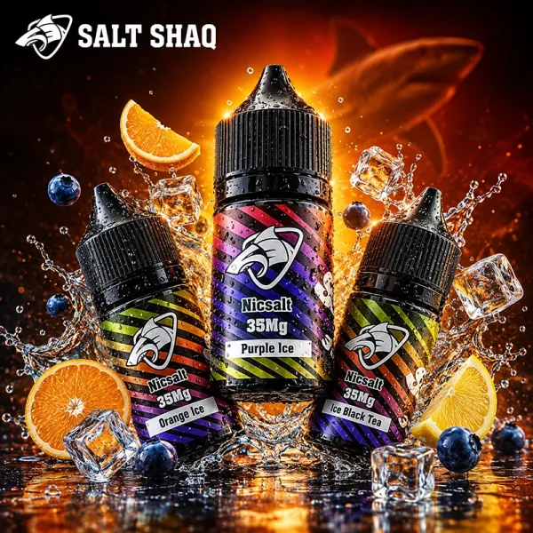 彩鯊菸油 SALT SHAQ 35mg 尼古丁鹽菸油主圖 SALT SHAQ 彩鯊菸油 35mg 尼古丁鹽主圖,展示紫冰、橙冰與冰紅茶口味瓶身