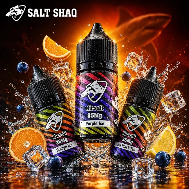 SALT SHAQ 彩鯊菸油 35mg 尼古丁鹽主圖，展示紫冰、橙冰與冰紅茶口味瓶身