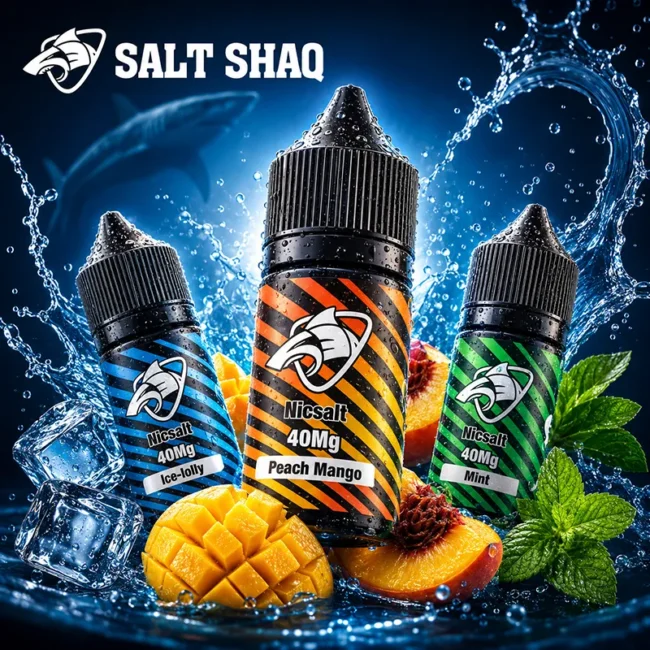 鯊克菸油 SALT SHAQ 40mg 尼古丁鹽主圖 鯊克菸油 SALT SHAQ 40mg 尼古丁鹽主圖,展示 Peach Mango、Ice-lolly、Mint 三款口味